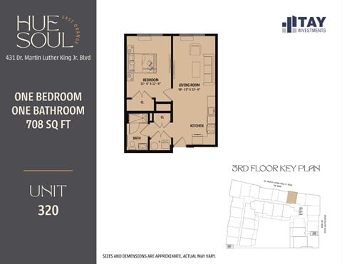 Floor plan for 1 bed, 1 bath, 708 sqft